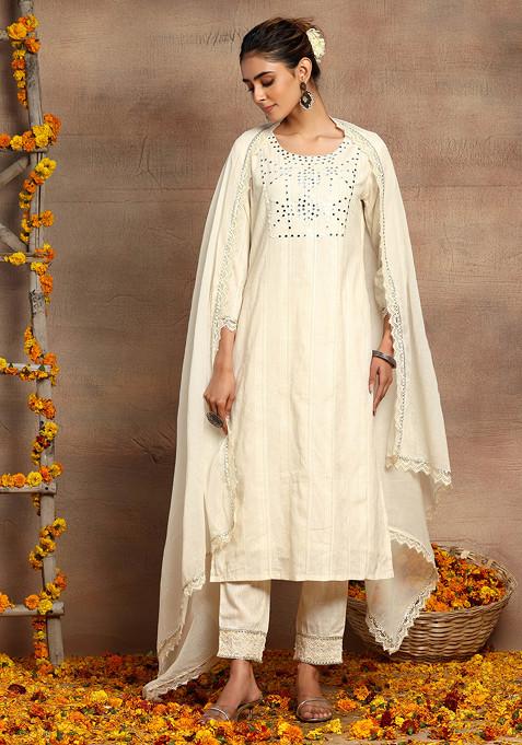 White Embroidered Cotton Straight Kurta With Pants And Dupatta (Set of 3)