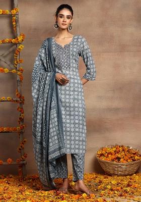 Grey Floral Print Cotton Kurta With Printed Pants And Dupatta (Set of 3) 