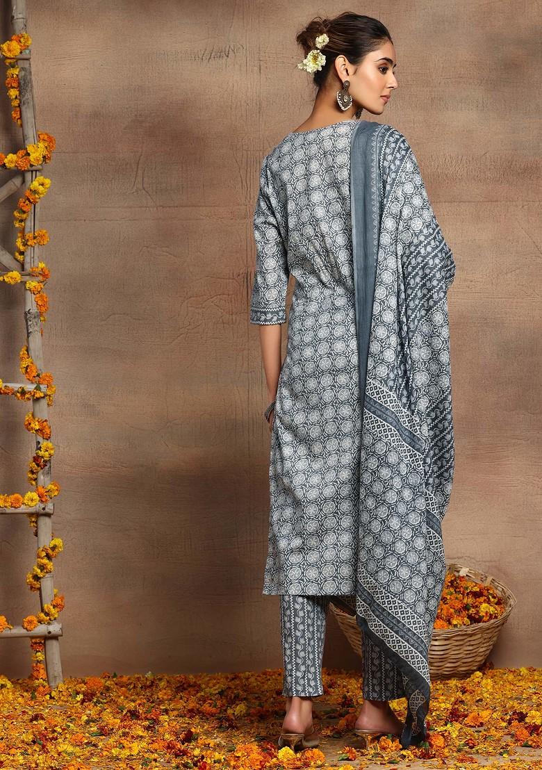 Grey Floral Print Cotton Kurta With Printed Pants And Dupatta (Set of 3) 