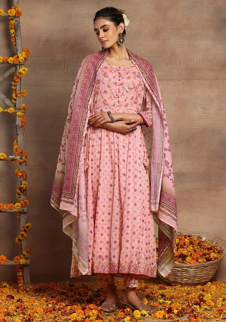 Light Pink Floral Print Mulmul Anarkali Kurta With Pants And Dupatta (Set of 3)