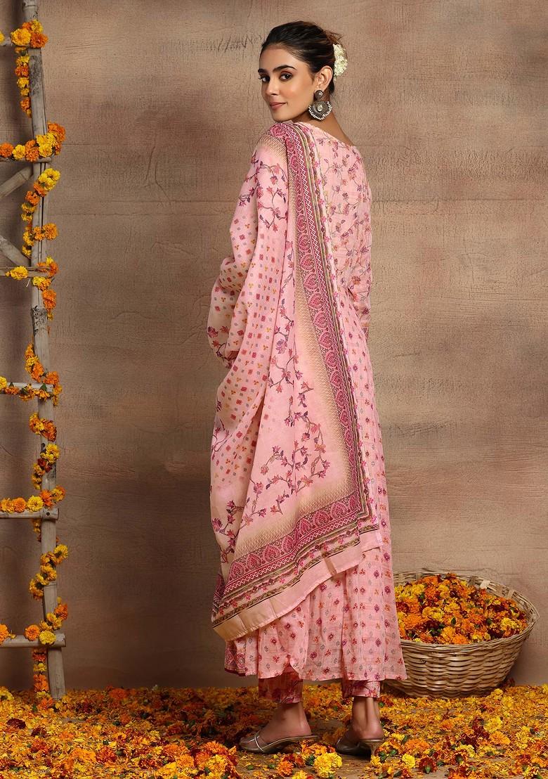 Light Pink Floral Print Mulmul Anarkali Kurta With Pants And Dupatta (Set of 3)