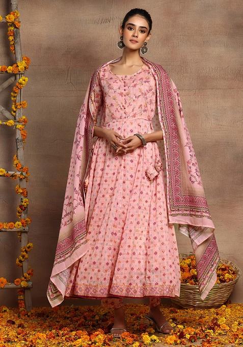Light Pink Floral Print Mulmul Anarkali Kurta With Pants And Dupatta (Set of 3)