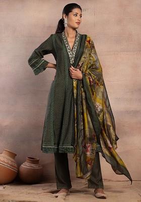 Olive Green Polka Dot Print Embroidered Kurta With Pants And Dupatta (Set of 3)