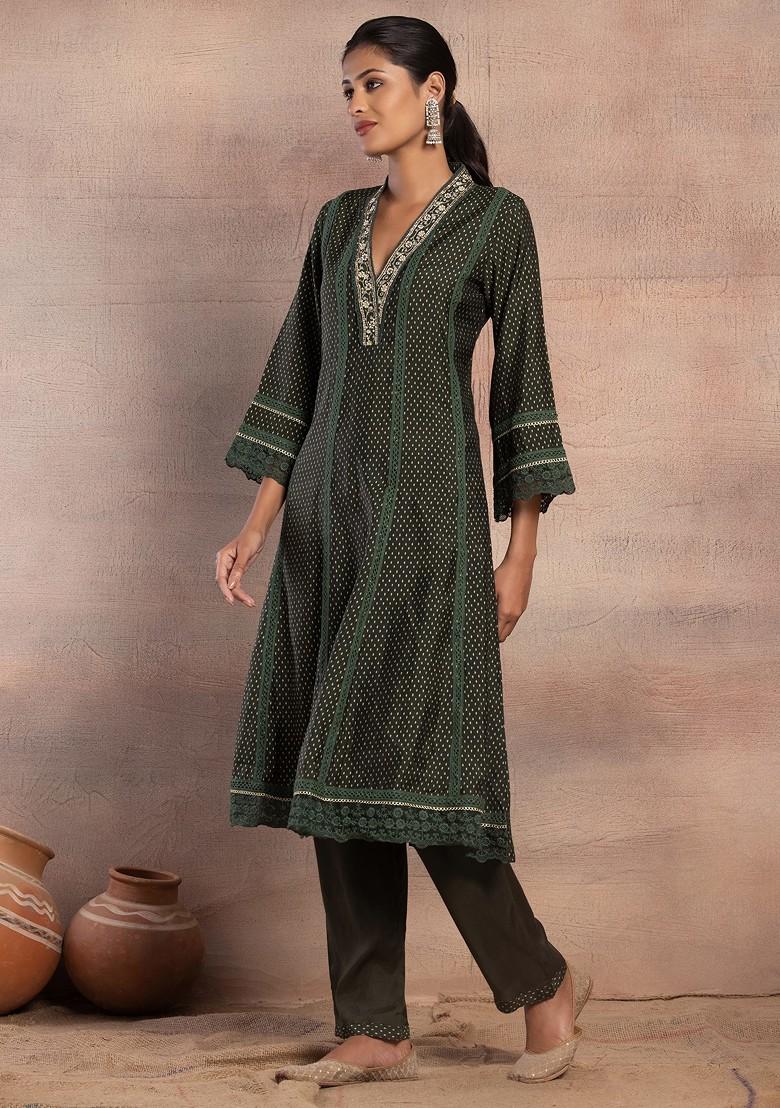 Olive Green Polka Dot Print Embroidered Kurta With Pants And Dupatta (Set of 3)