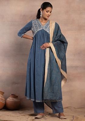 Teal Blue Mirror Thread Embroidered Cotton Kurta With Pants And Dupatta (Set of 3)