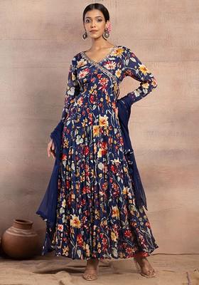 Teal Blue Floral Print Mirror Embroidered Kurta With Pants And Dupatta (Set of 3)