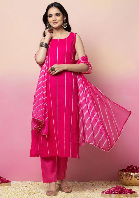 Pink Pintuck Cotton Kurta With Pants And Printed Dupatta (Set of 3)
