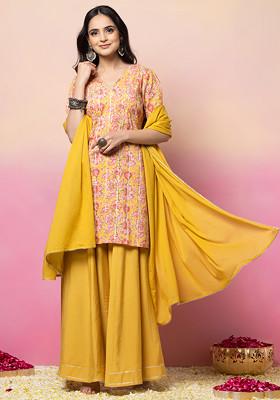 Yellow Floral Print Pintuck Cotton Kurta With Pants And Dupatta (Set of 3)