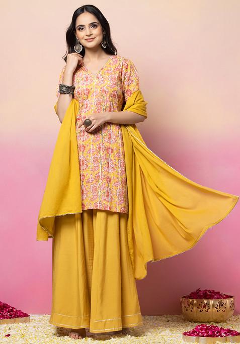 Yellow Floral Print Pintuck Cotton Kurta With Pants And Dupatta (Set of 3)