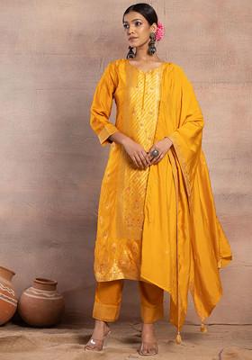 Mustard Hand Embroidered Jacquard Straight Kurta With Pants And Dupatta (Set of 3)