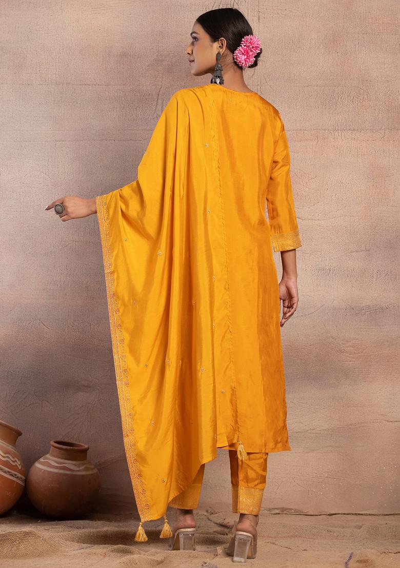 Mustard Hand Embroidered Jacquard Straight Kurta With Pants And Dupatta (Set of 3)