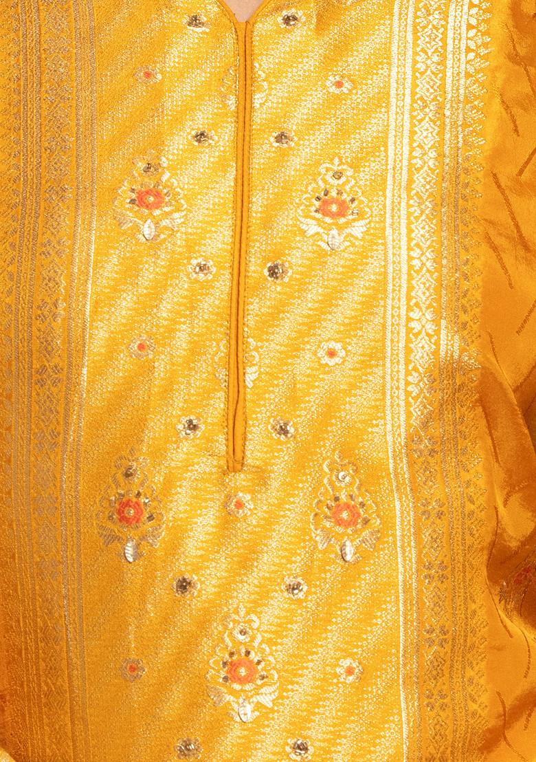 Mustard Hand Embroidered Jacquard Straight Kurta With Pants And Dupatta (Set of 3)