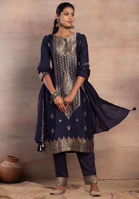 Navy Blue Hand Embroidered Jacquard Straight Kurta With Pants And Dupatta (Set of 3)
