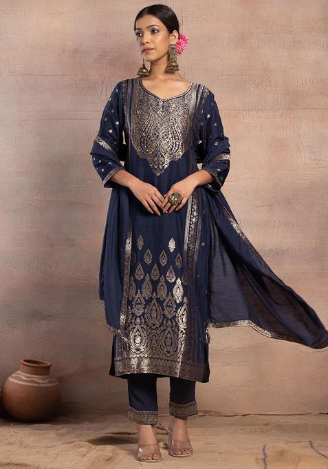 Navy Blue Embroidered Jacquard Straight Kurta With Pants And Dupatta (Set of 3)