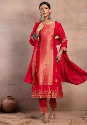 Fuchsia Pink Hand Embroidered Jacquard Straight Kurta With Pants And Dupatta (Set of 3)