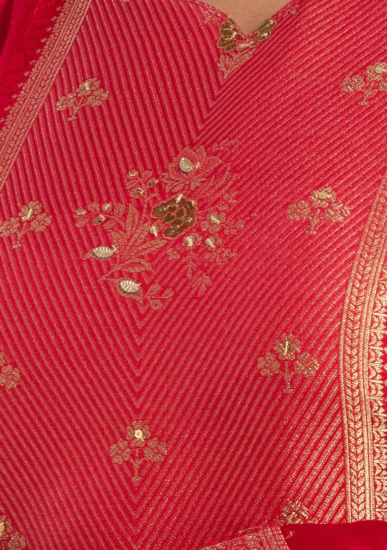 Fuchsia Pink Hand Embroidered Jacquard Straight Kurta With Pants And Dupatta (Set of 3)