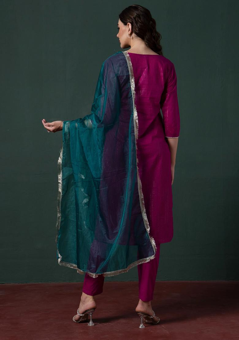 Wine Embroidered Lurex Cotton Kurta With Pants And Contrast Dupatta (Set of 3)