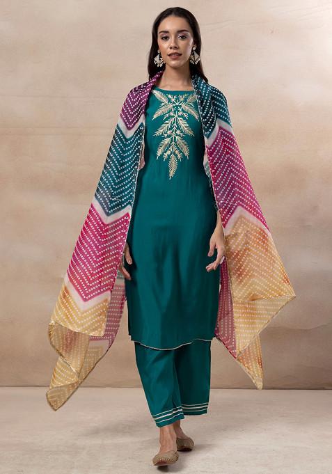 Dark Green Leaf Embroidered Kurta With Pants And Printed Dupatta (Set of 3)