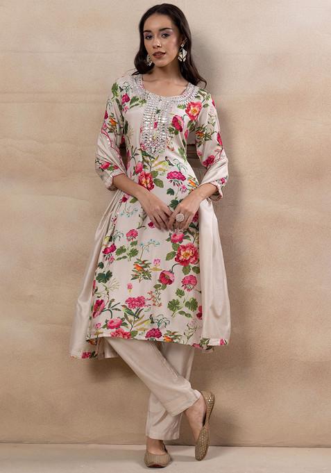 White Floral Print Mirror Embroidered Kurta With Pants And Dupatta (Set of 3)