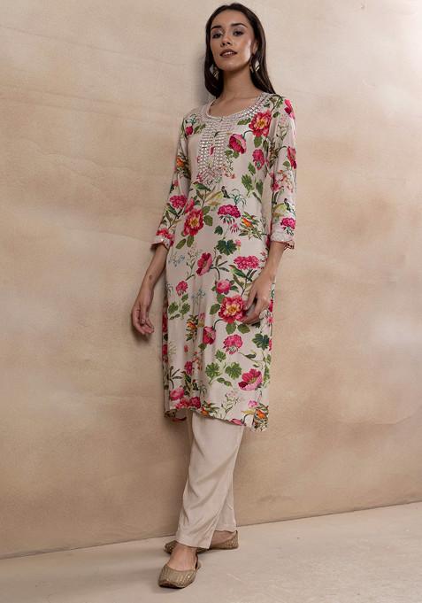 Women White Chinnon Mirror Embroidered Kurta with Pant & Embroidered Dupatta