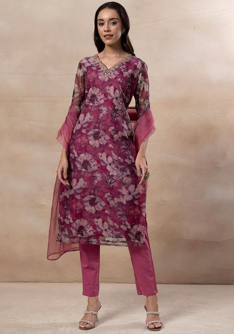 Mauve Floral Print Organza Kurta With Pants And Dupatta (Set of 3)