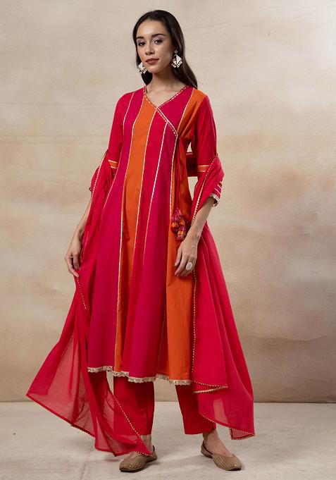 Orange And Pink Dual Tone Cotton Anarkali Kurta With Pants And Dupatta (Set of 3)