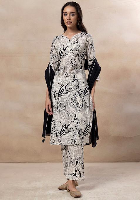 White And Black Abstract Print Cotton Kurta With Pants And Dupatta (Set of 3)