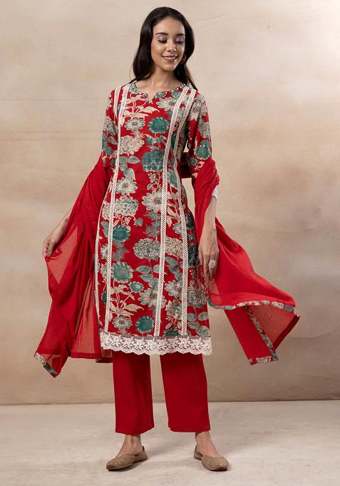 Red Floral Print Embroidered Cotton Kurta With Pants And Dupatta (Set of 3)