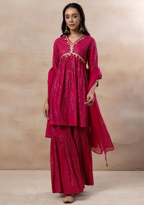 Pink Embellished Lurex Kurta With Sharara And Dupatta (Set of 3)