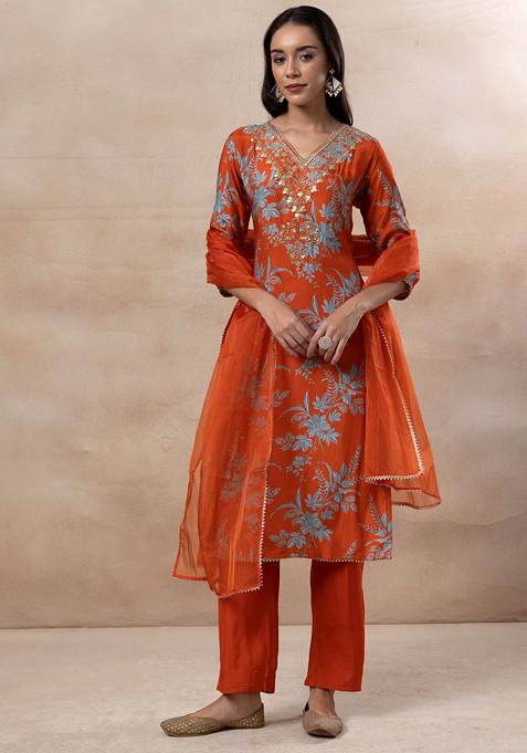 Orange Floral Print Zari Embroidered Kurta With Pants And Organza Dupatta (Set of 3)