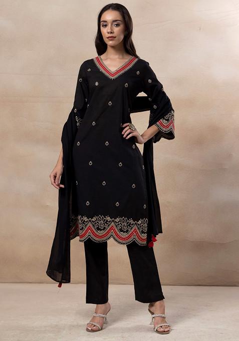 Black V-Neck Embroidered Cotton Kurta With Pants And Dupatta (Set of 3)