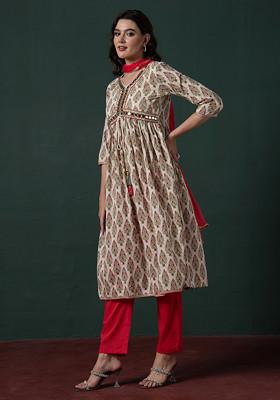 White Block Print Mirror Embroidered Cotton Anarkali Kurta With Pants And Dupatta (Set of 3)