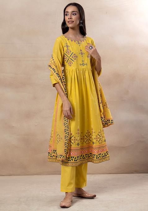 Yellow Abstract Print Embroidered Cotton Anarkali Kurta With Pants And Dupatta (Set of 3)