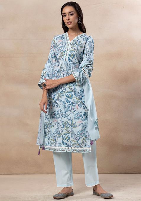 Blue Floral Block Print Cotton Kurta With Pants And Dupatta (Set of 3)