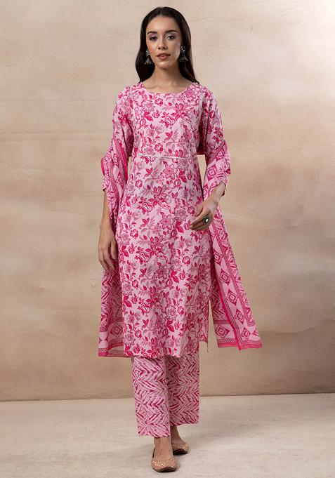 Light Pink Floral Print Cotton Straight Kurta With Pants And Dupatta (Set of 3)