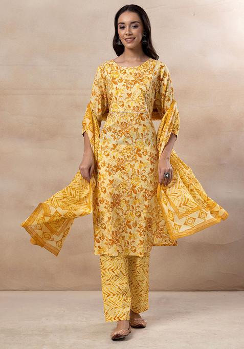 Yellow Floral Print Straight Cotton Kurta With Pants And Dupatta (Set of 3)