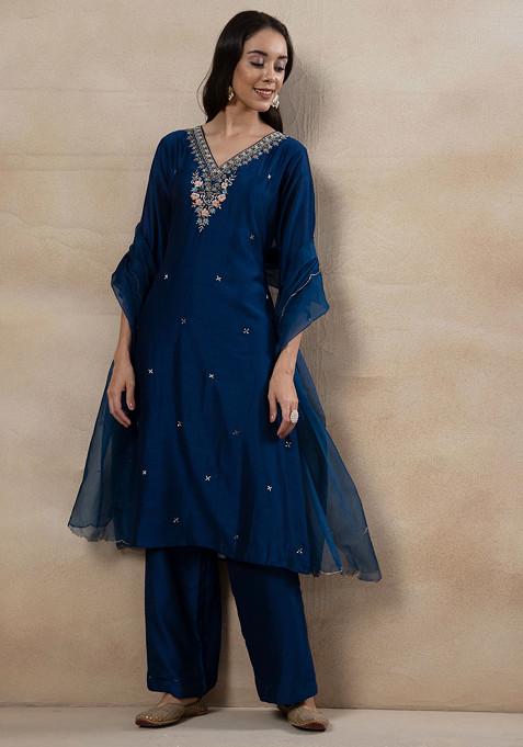 Blue Zari Hand Embroidered Kurta With Pants And Chanderi Dupatta (Set of 3)