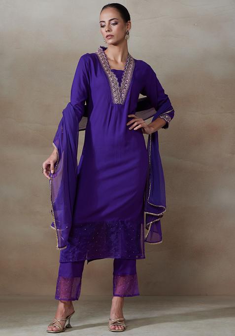 Purple Zari And Mirror Embroidered Rayon Kurta With Pants And Dupatta (Set of 3)