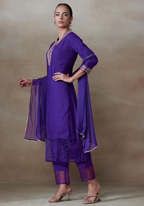 Wine Zari Embroidered Viscose Kurta Pant And Dupatta Set With Sequins & Lace