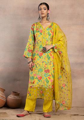 Lime Green Botanical Print Kurta With Pants And Dupatta (Set of 3)