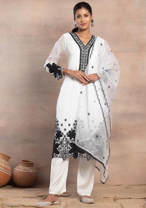 White And Black Embroidered Kurta With Pants And Dupatta (Set of 3)