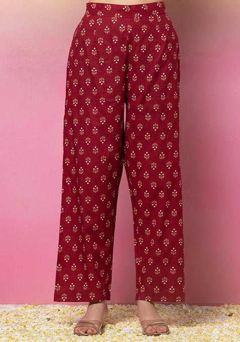 Women Floral printed red round_neck cotton Kurta set With Trouser & Dupatta