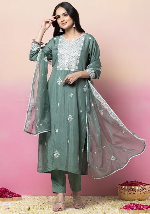 Green Thread Embroidered Kurta With Pants And Organza Dupatta (Set of 3)