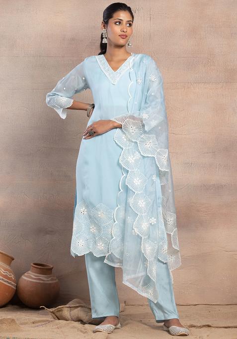 Pastel Blue Embroidered V-Neck Kurta With Pants And Dupatta (Set of 3)