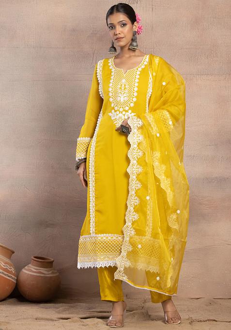 Yellow Thread Embroidered Kurta With Pants And Organza Dupatta (Set of 3)