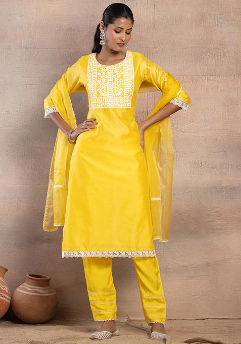 Yellow Thread Embroidered Chanderi Kurta With Pants And Dupatta (Set of 3)