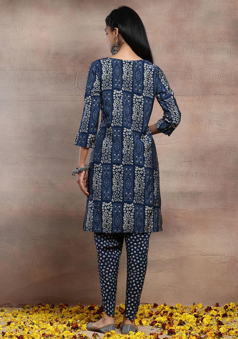 Blue V-Neck Bandhani Print Kurta With Tulip Pants (Set of 2)