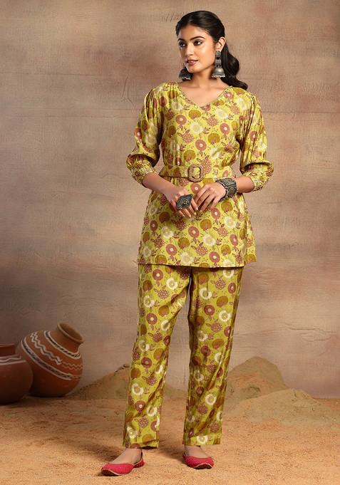 Lime Green Floral Print Kurta With Pants And Belt (Set of 3)