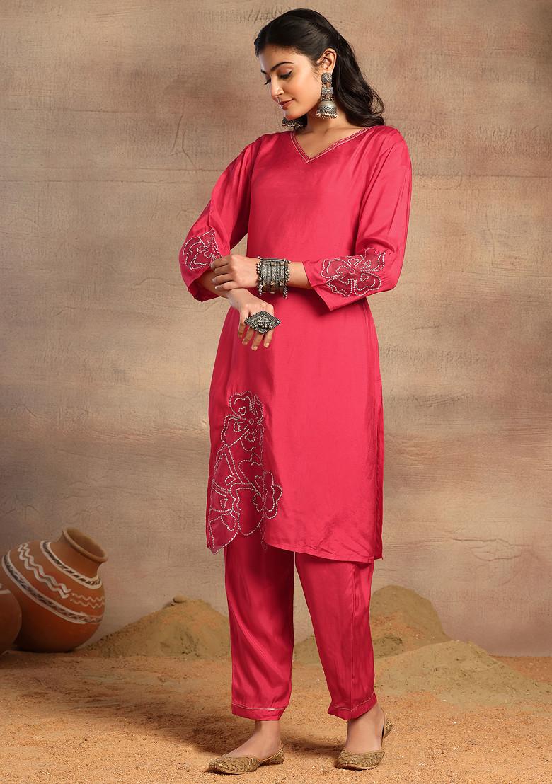 Red Zari Work Kurta With Pants And Dupatta (Set of 3)