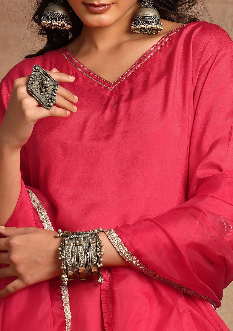 Red Zari Work Kurta With Pants And Dupatta (Set of 3)